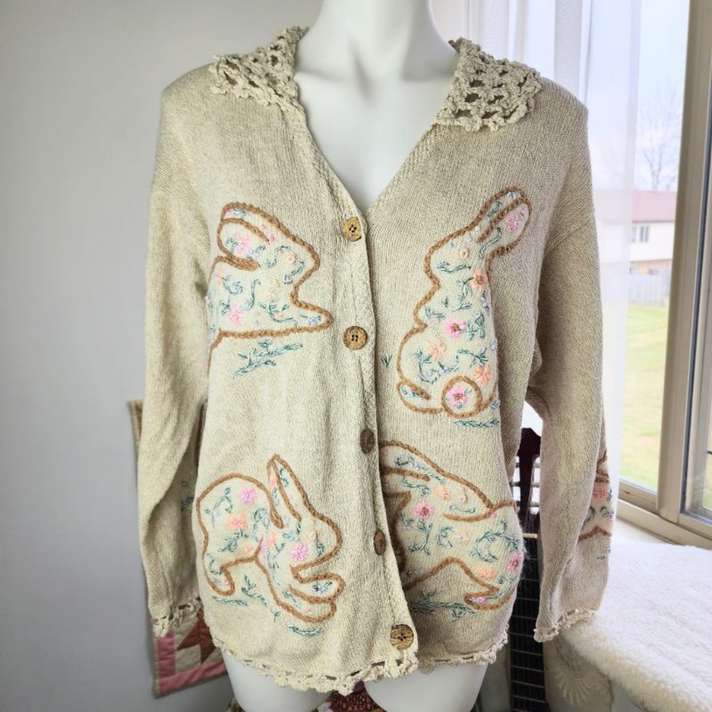 Vintage Cottagecore Embroidered Floral Bunny Cardigan